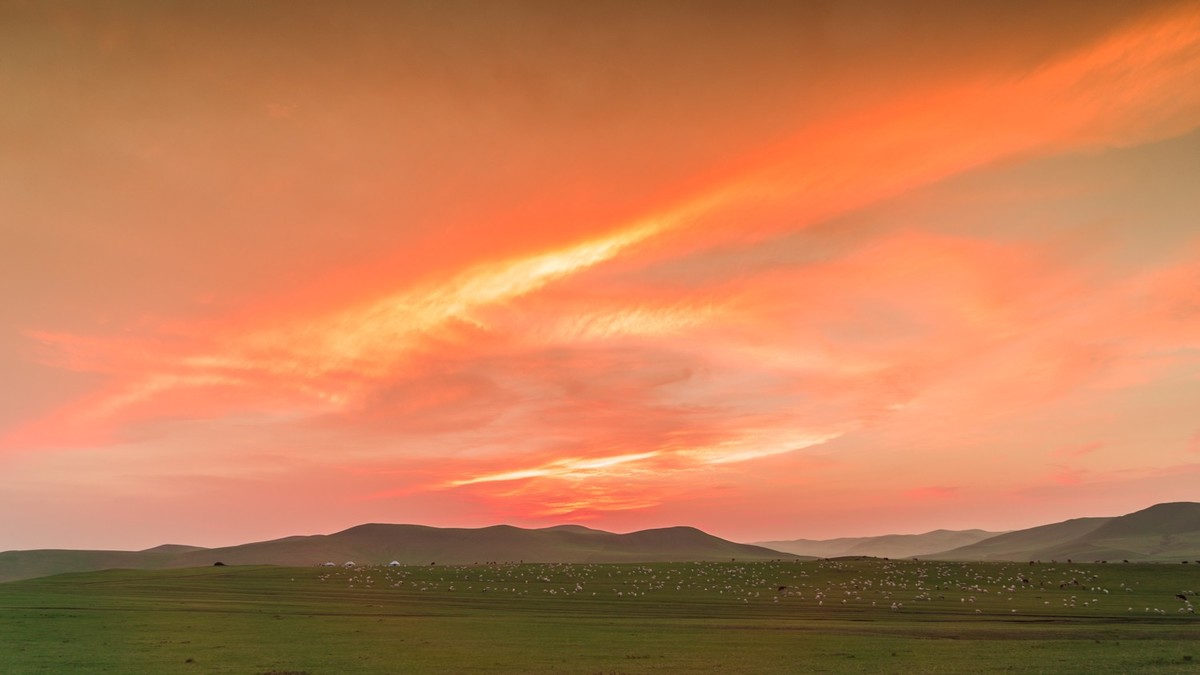 夏的草原幸福牧场的落日