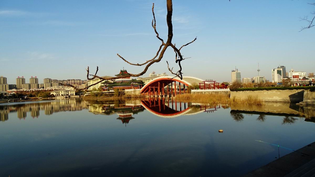 蓝天金池相映美