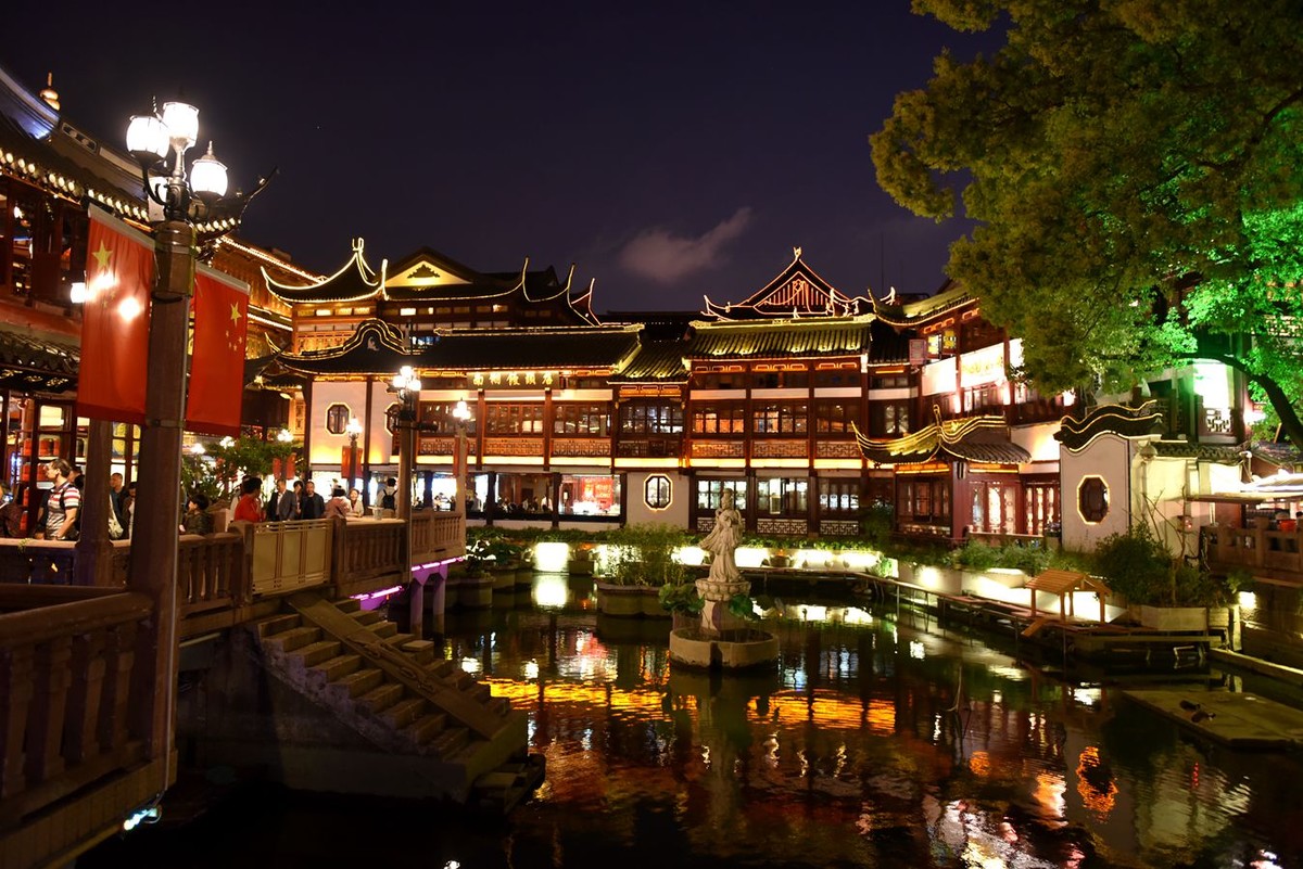 上海城隍庙老街的日景与夜景