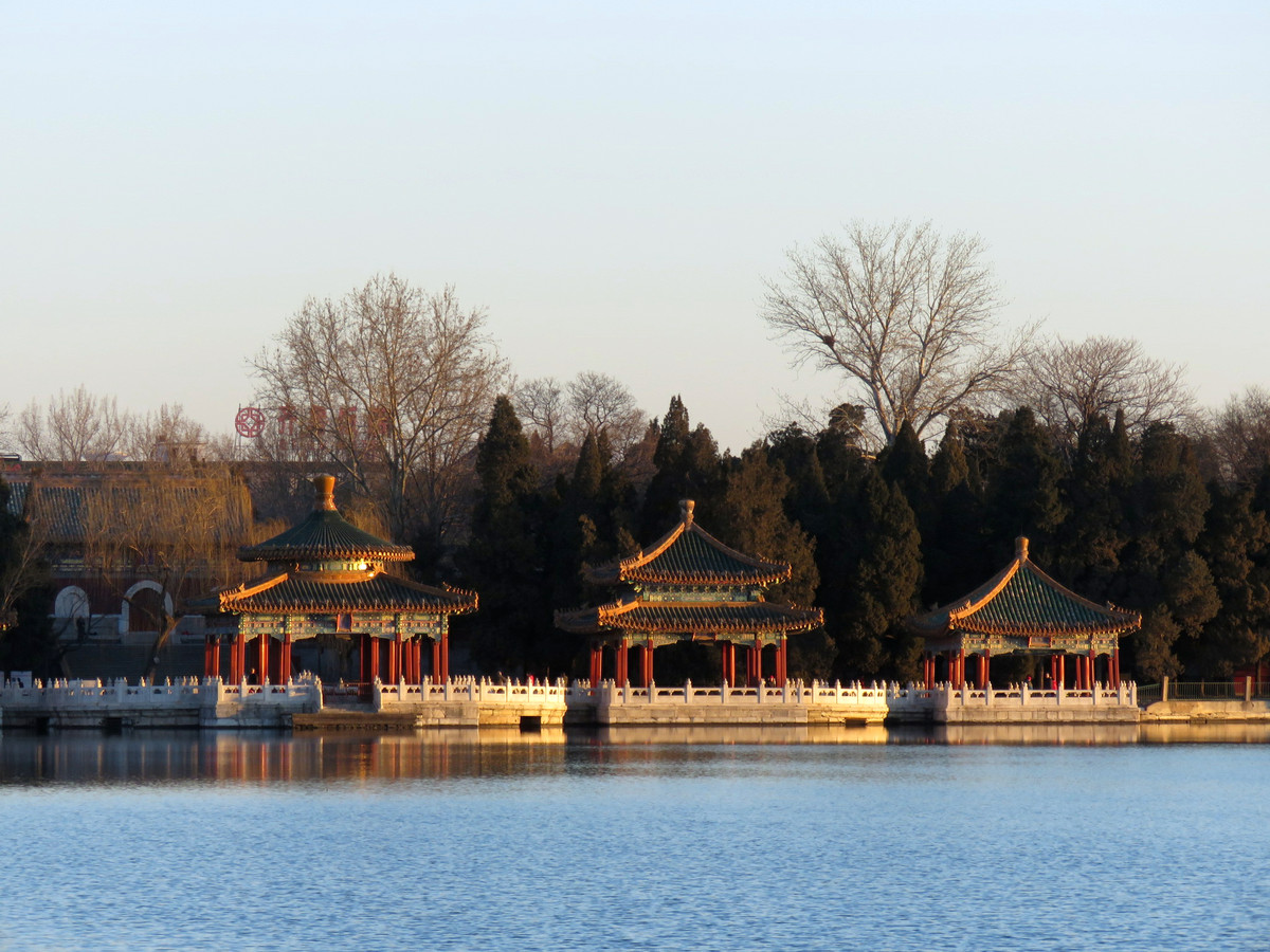 晨光中的北京北海公園一角