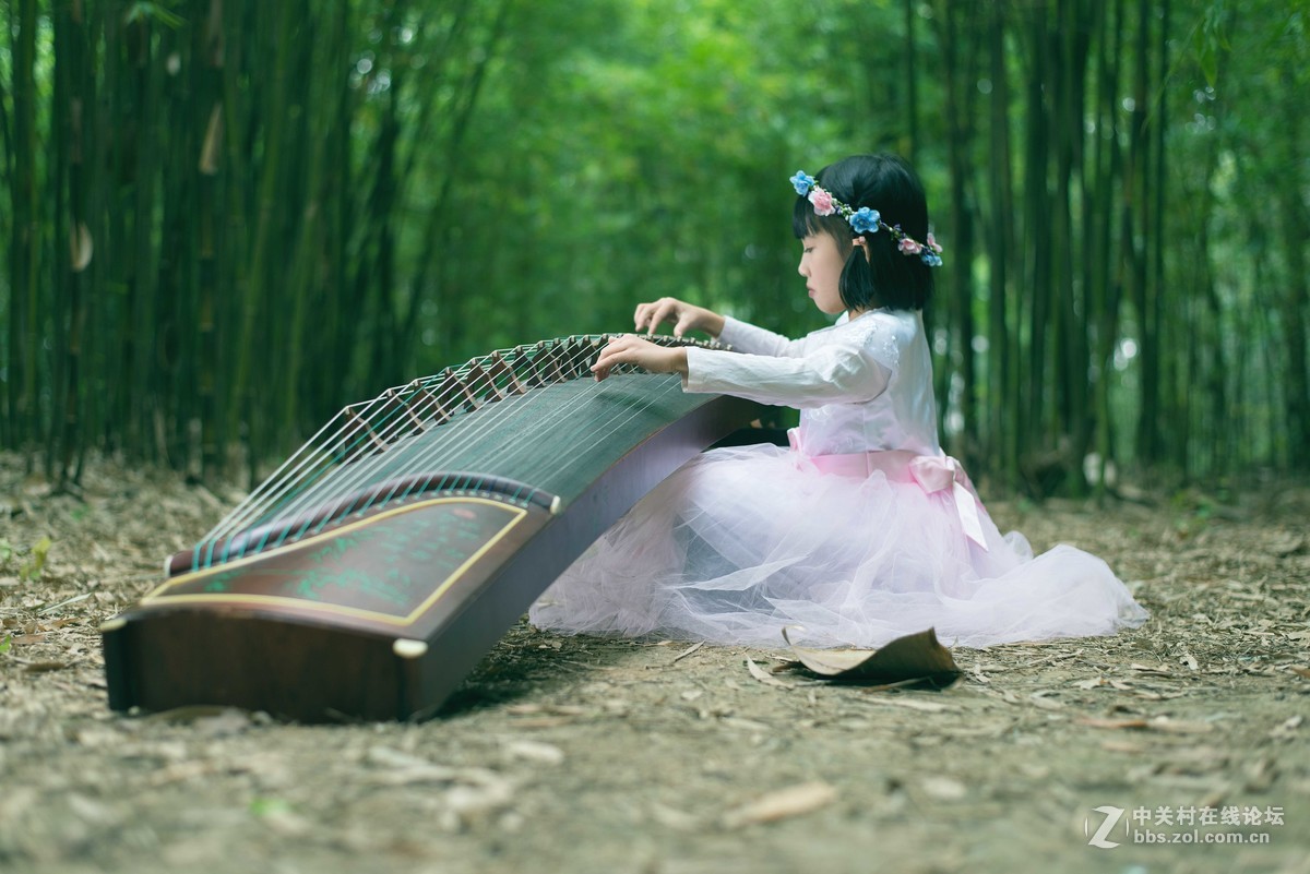 人像竹林中弹奏古筝的小姑娘们