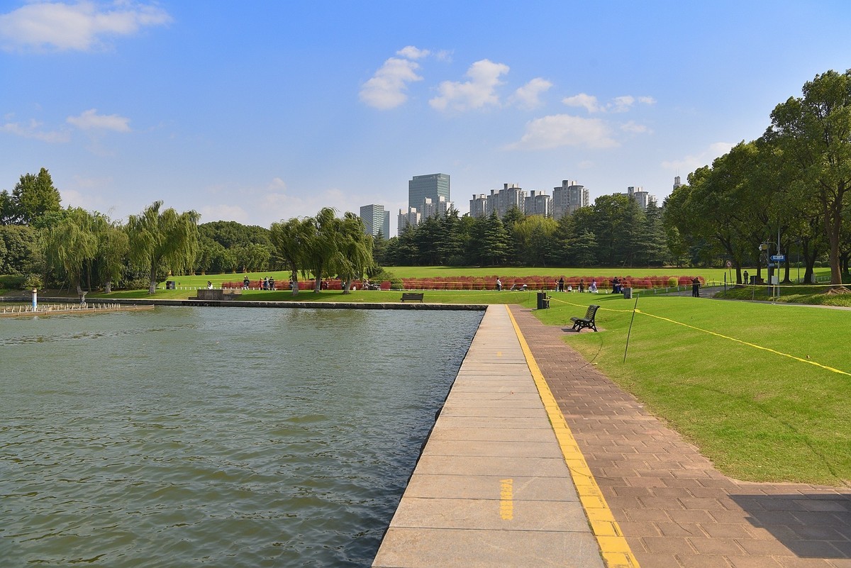 上海世纪公园湖畔秋景下