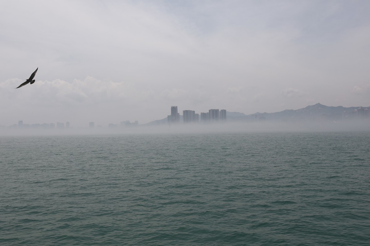 海上起雾了，站在船头的人拍海