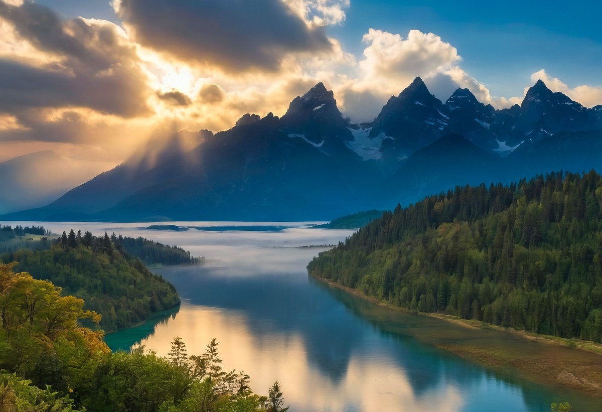 山峰、云雾与湖泊的宁静交响曲