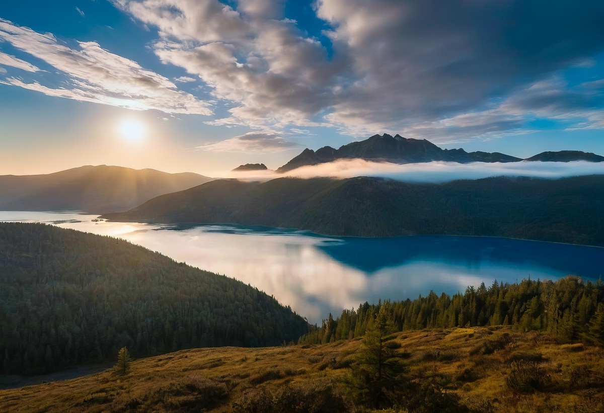 山峰、云雾与湖泊的宁静交响曲