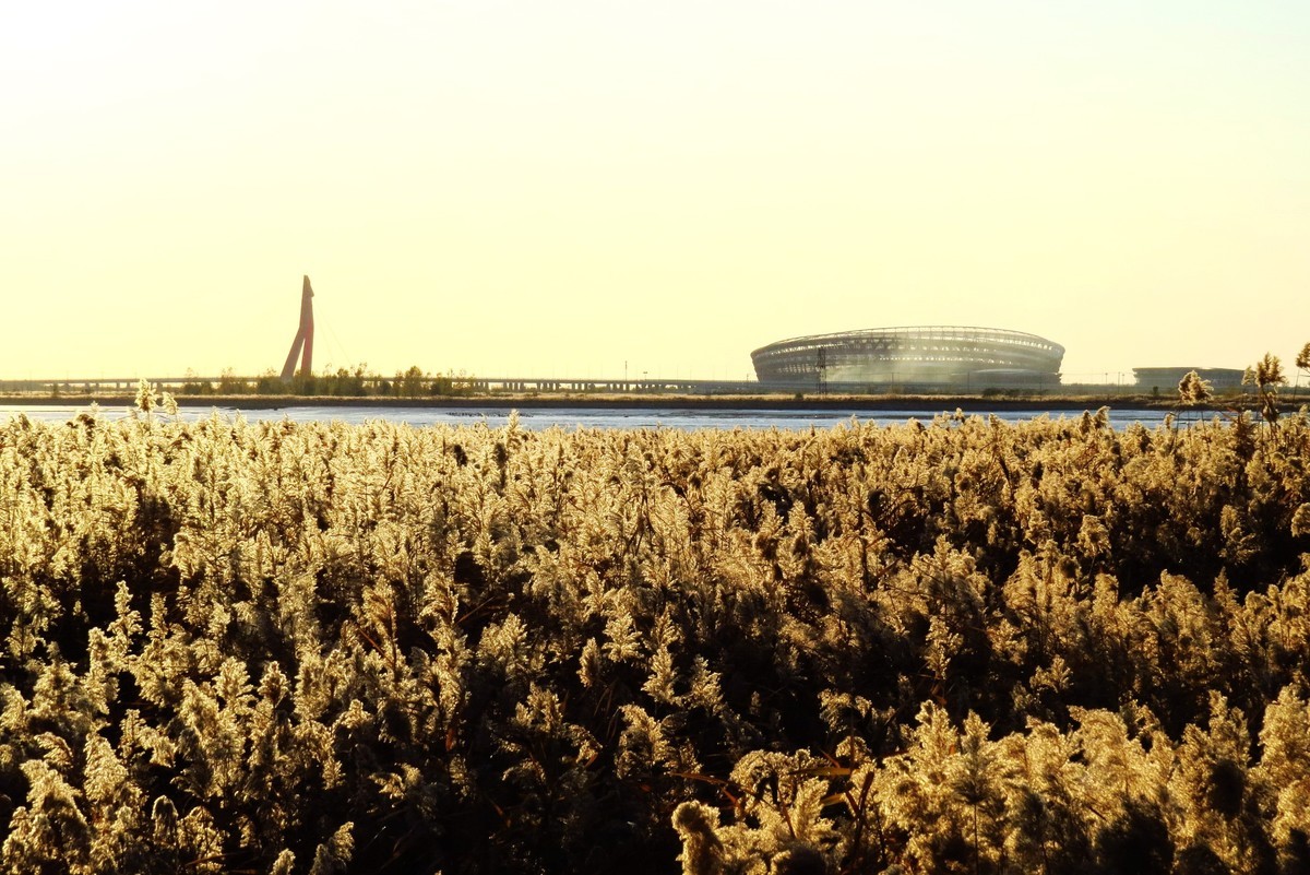 夕阳下隔河遥看对岸奥体中心