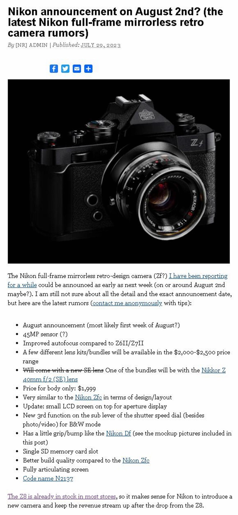 入魔爆料8月2日尼康公告4500万像素复古机型Z fc二代图片你喜欢吗？