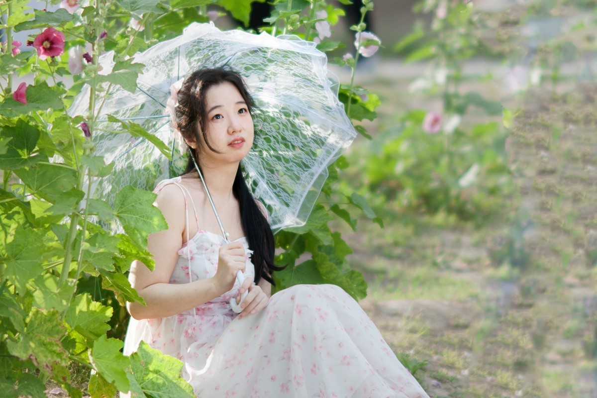 蜀葵花前拍摄人像