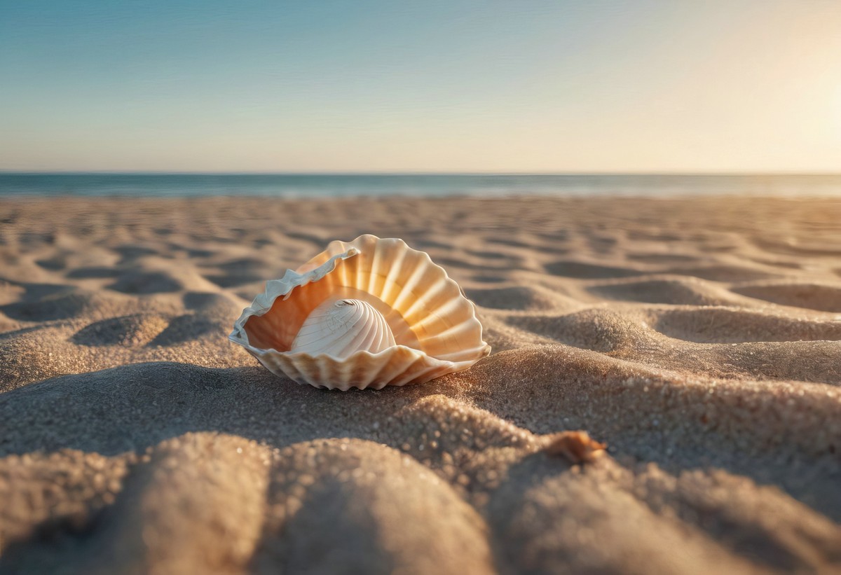 晨曦中的海螺与海洋的舞蹈