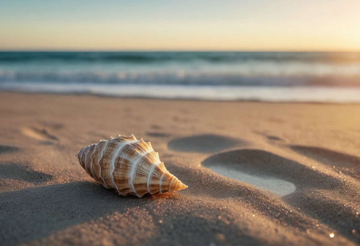 晨曦中的海螺与海洋的舞蹈