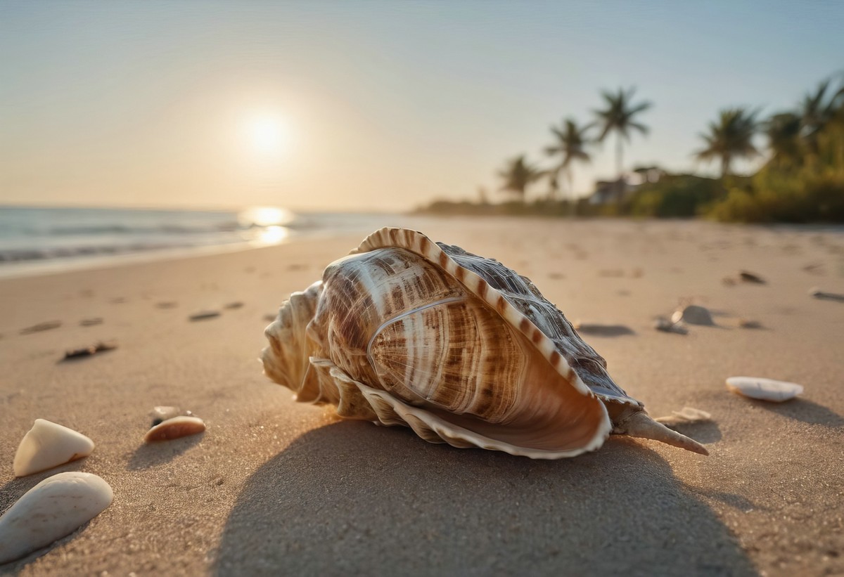 晨曦中的海螺与海洋的舞蹈