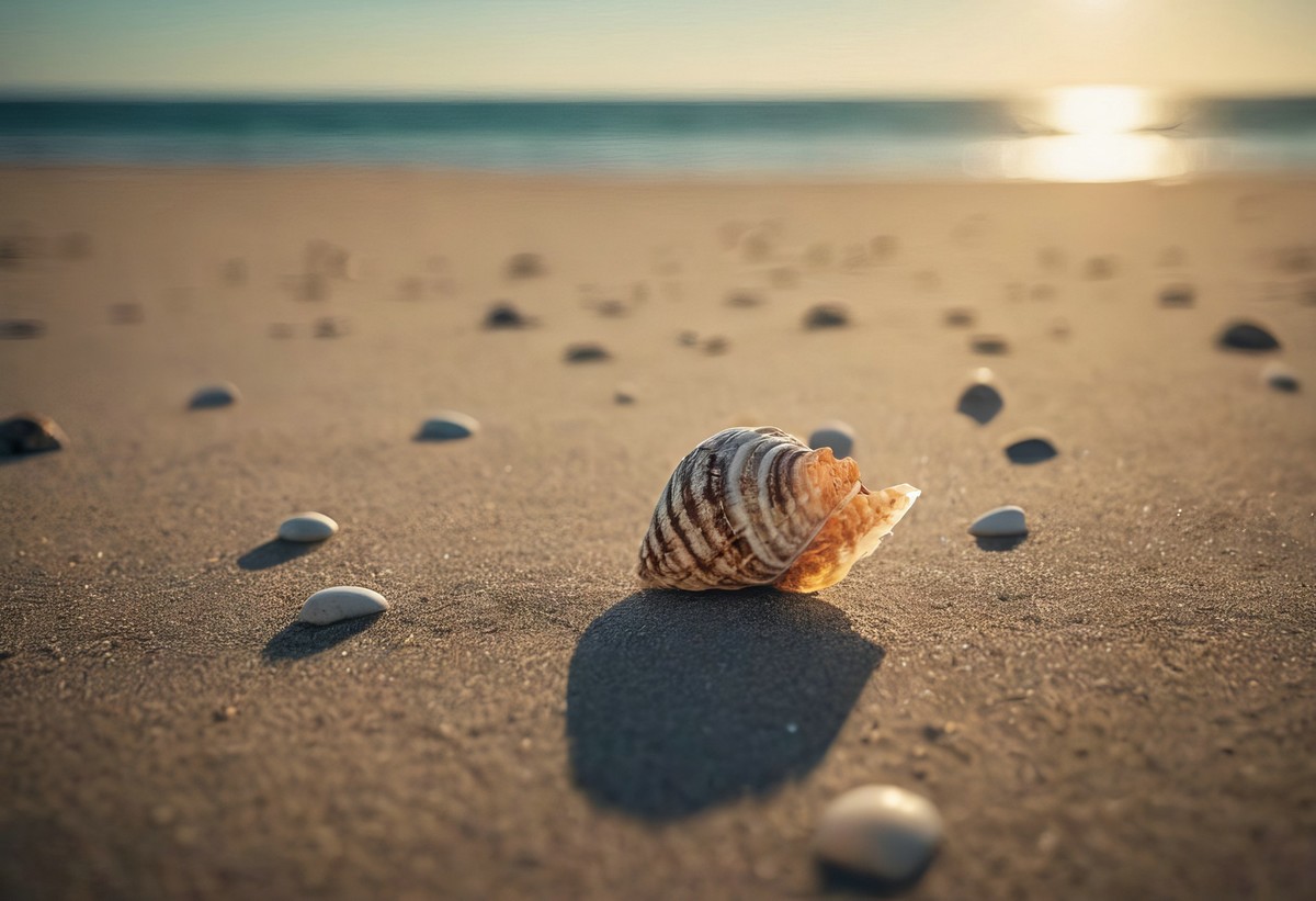 晨曦中的海螺与海洋的舞蹈