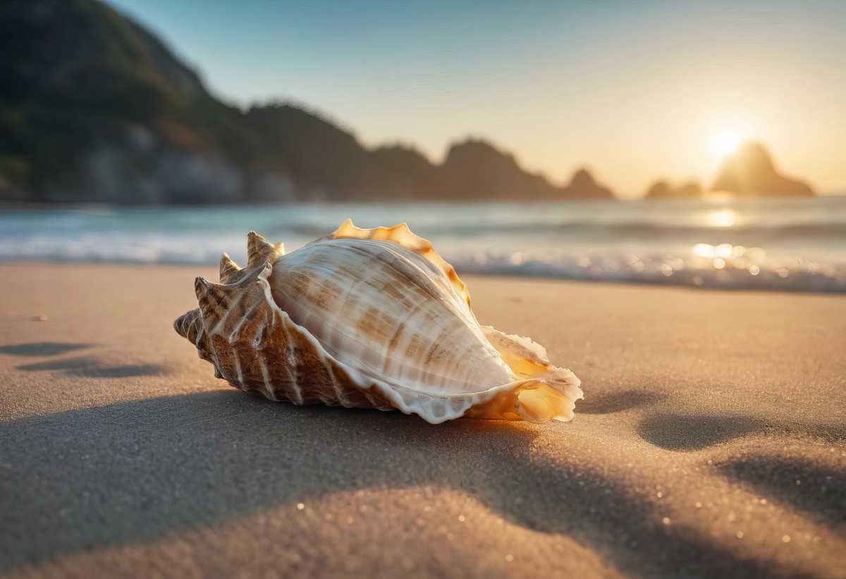 晨曦中的海螺与海洋的舞蹈