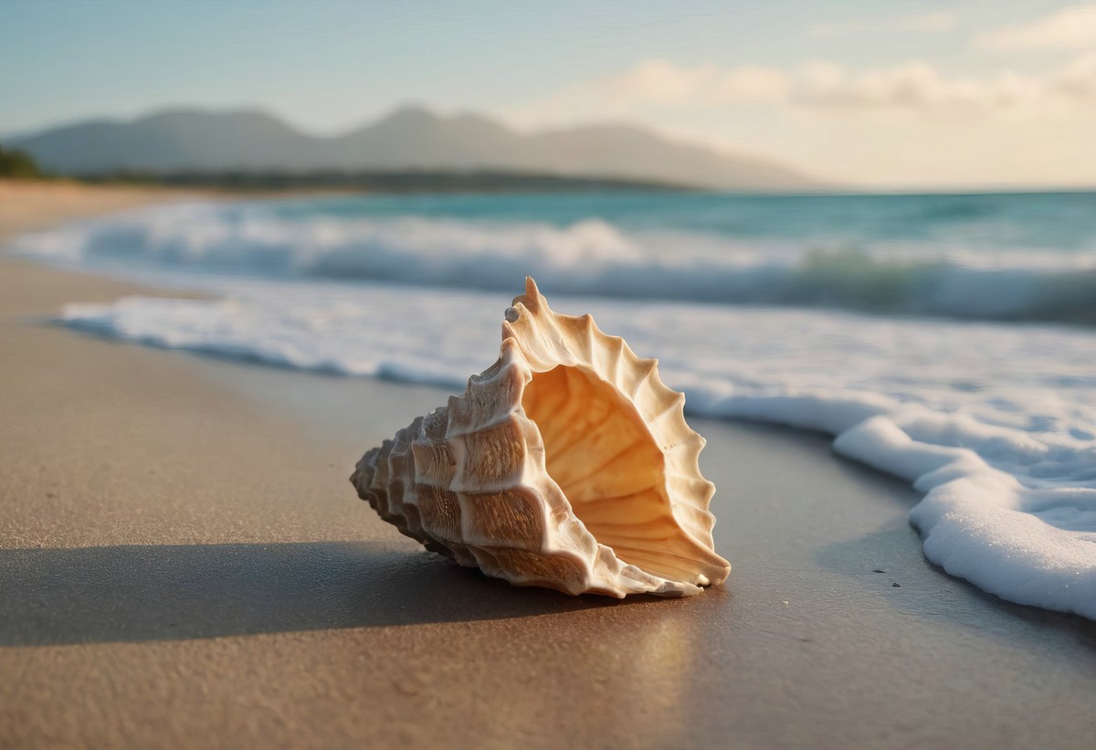 晨曦中的海螺与海洋的舞蹈