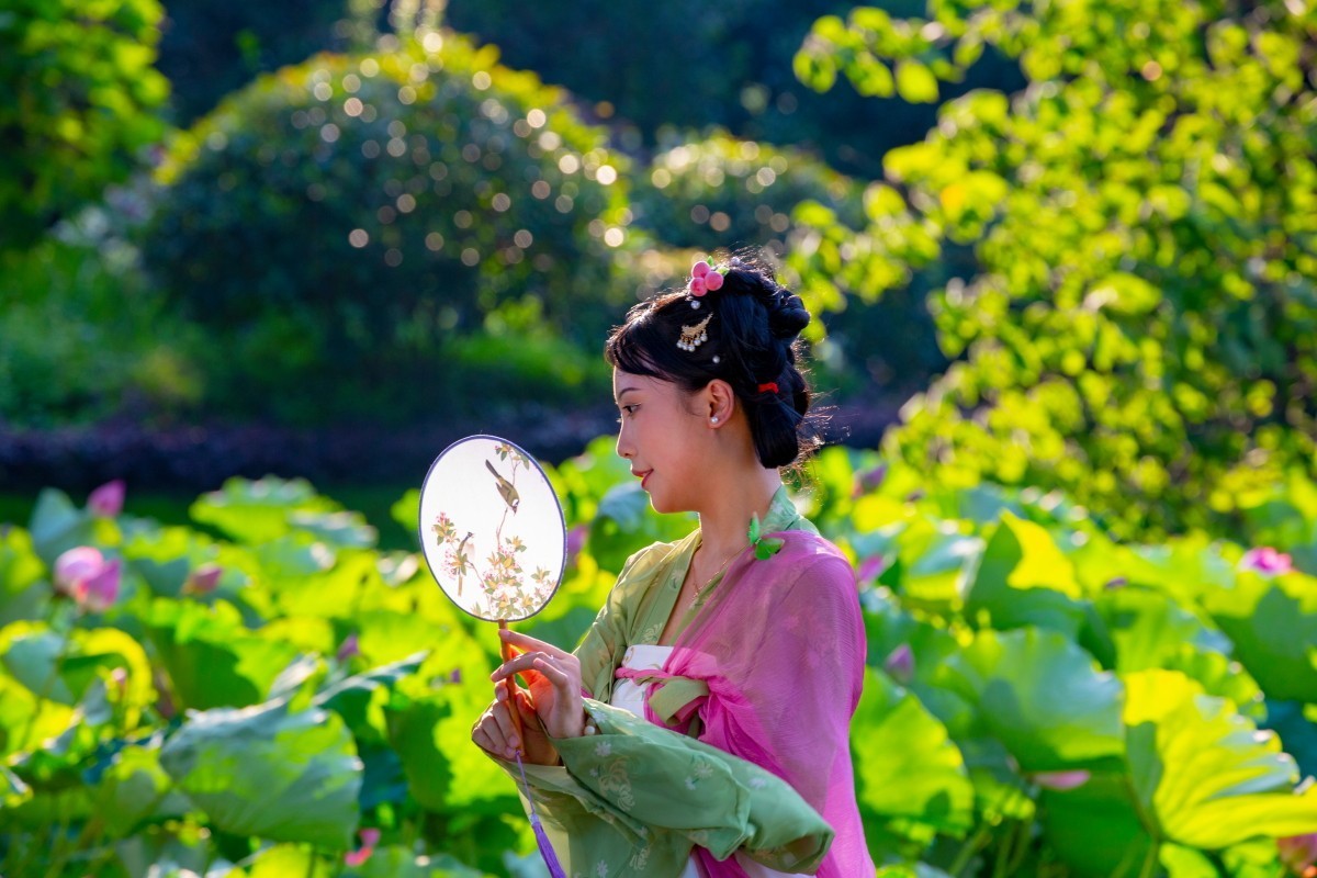 池塘荷叶旁人像