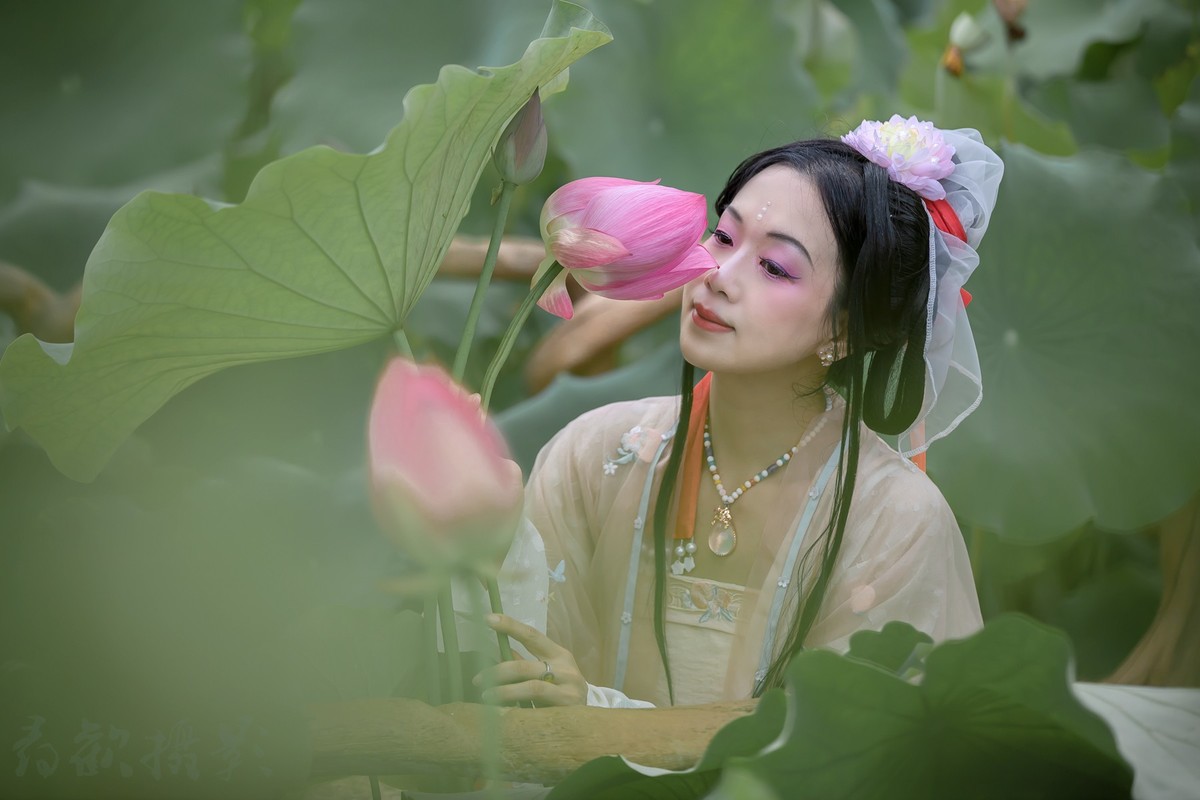 荷叶罗裙一色裁，芙蓉向脸两边开。