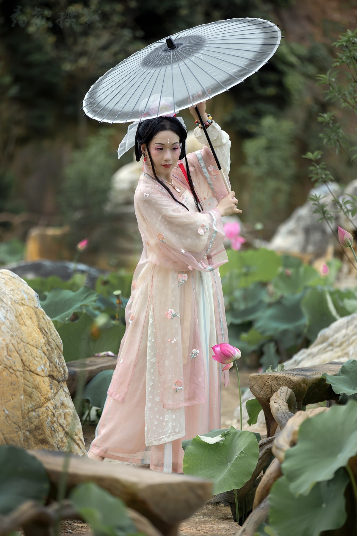 荷叶罗裙一色裁，芙蓉向脸两边开。