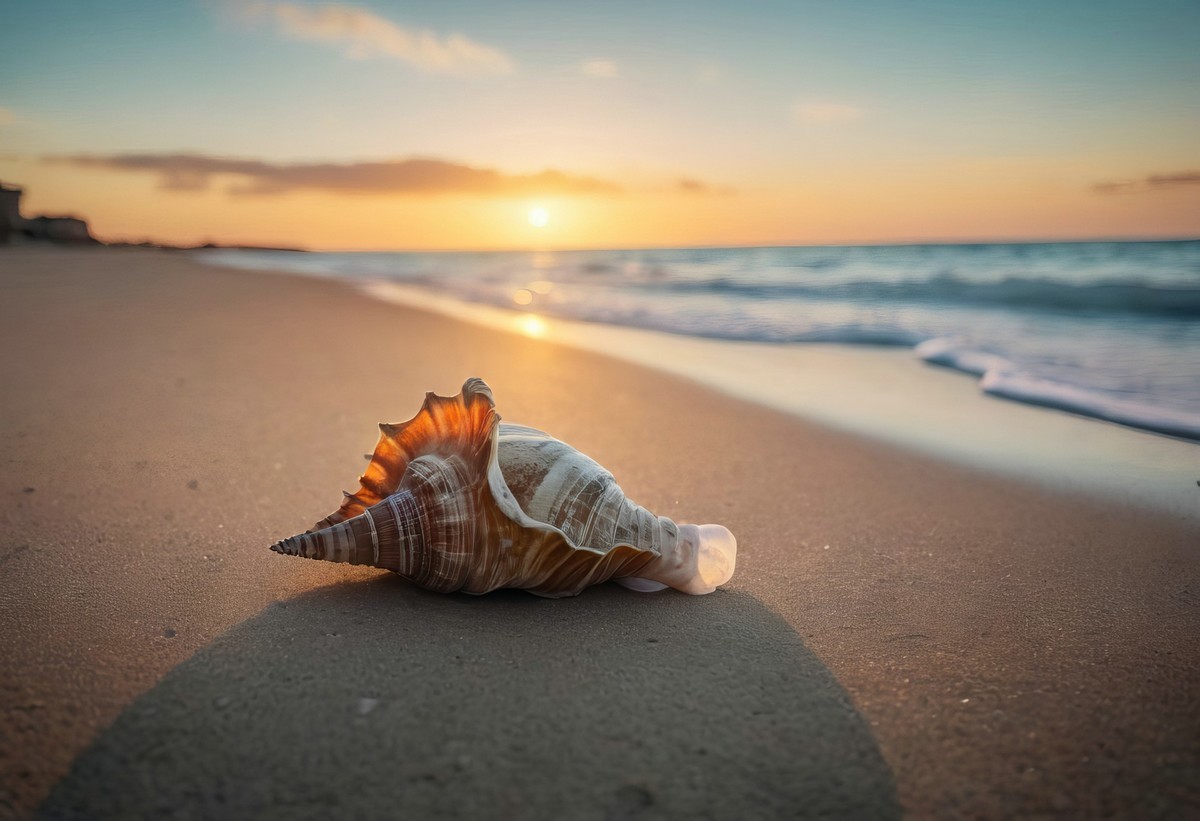 晨曦中海螺与海洋的密语