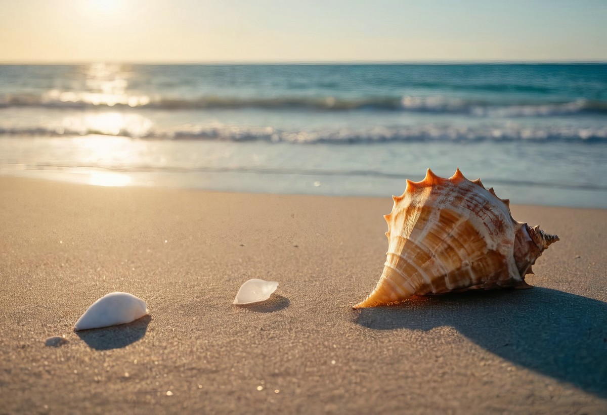 晨曦中海螺与海洋的密语