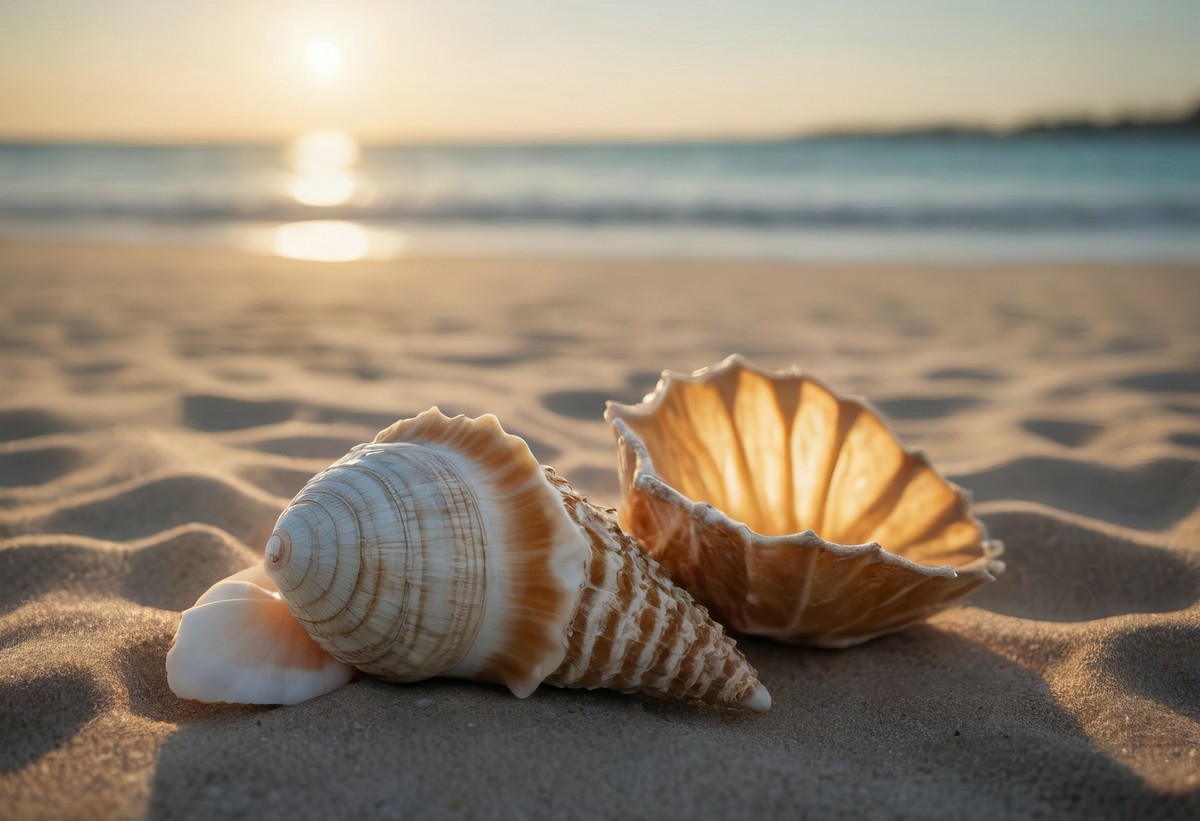 晨曦中海螺与海洋的密语