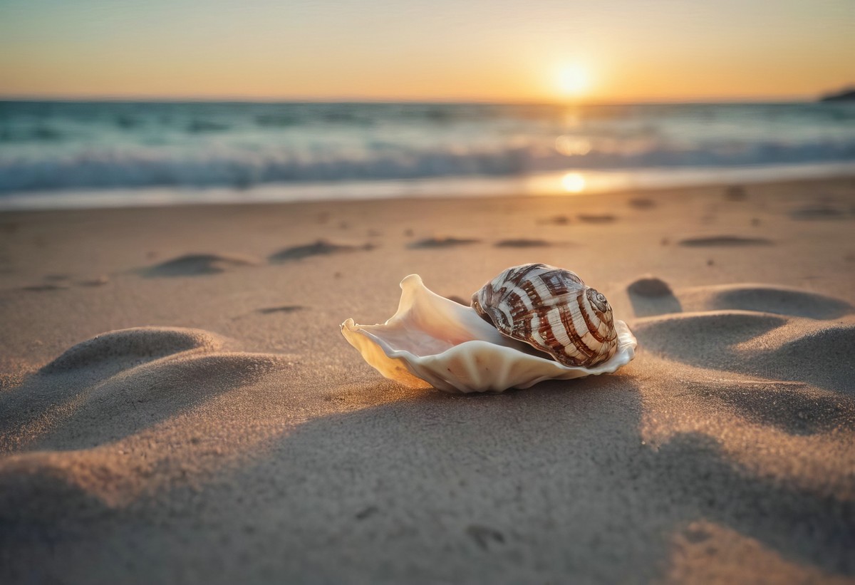 晨曦中海螺与海洋的密语