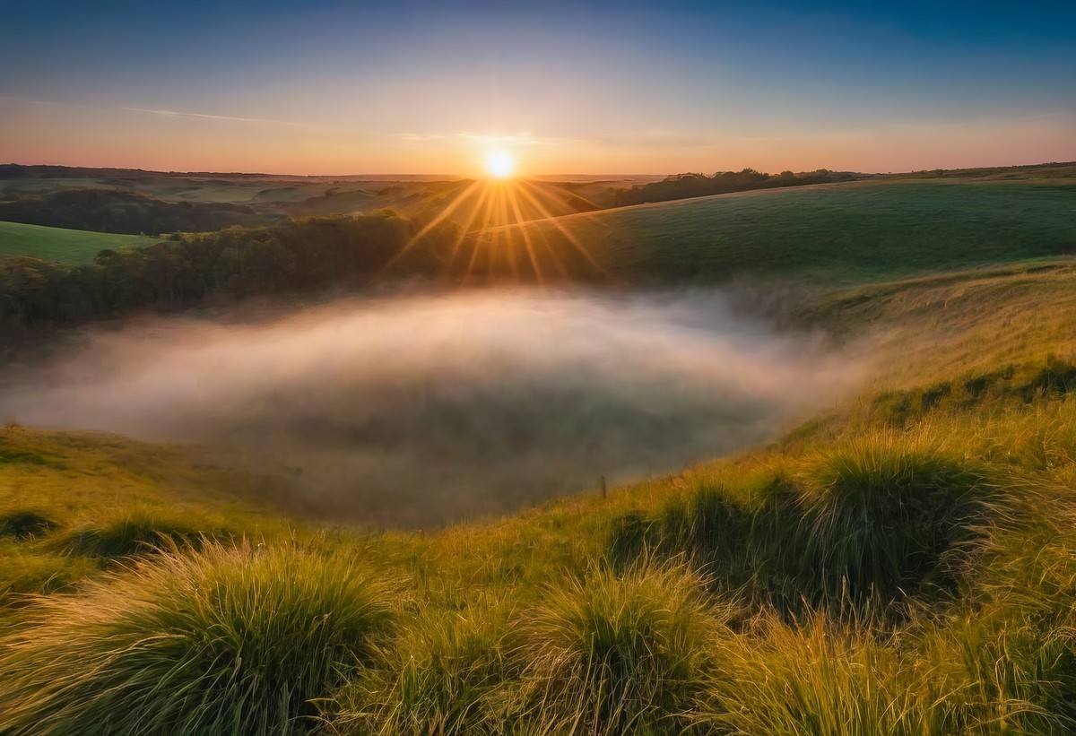 日出下的草原湖泊奇观