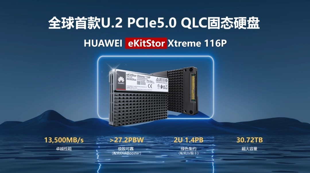 华为发布其首款 U.2 PCIe 5.0 QLC 固态硬盘 eKitStor Xtreme 116P，单盘最大 61.44TB