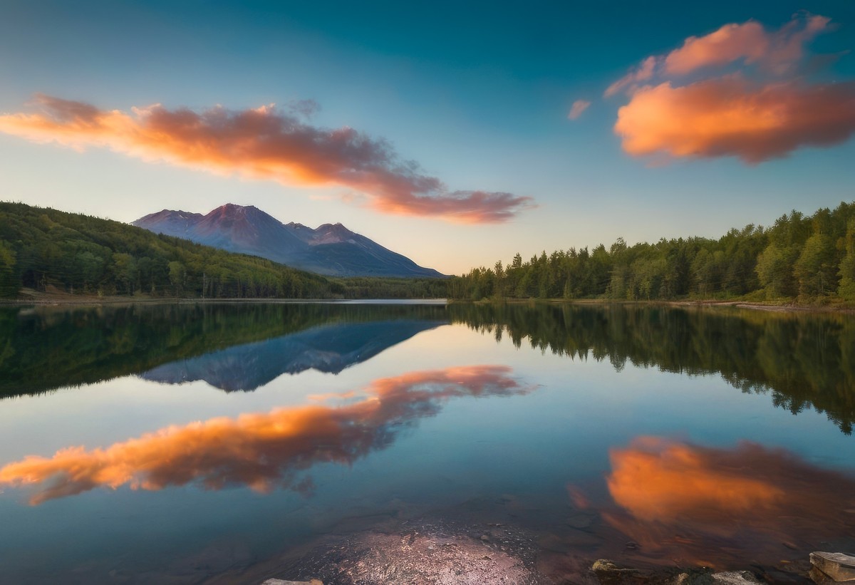 太阳与山影的湖面之舞