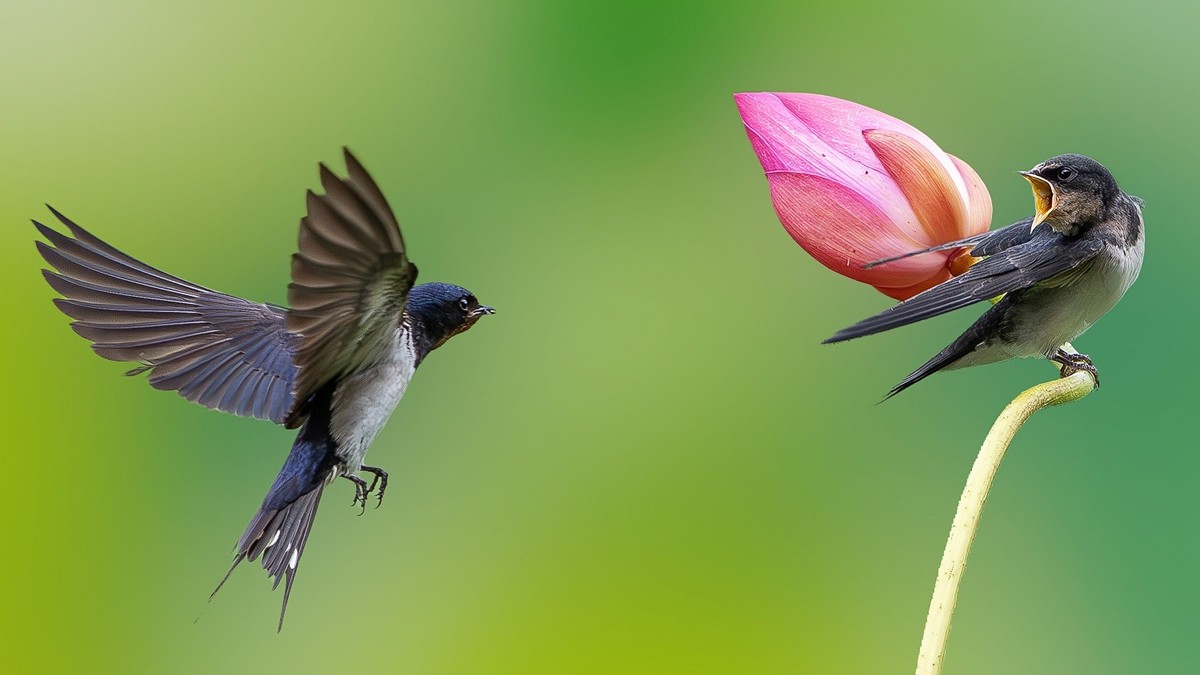 母燕哺雏情切切， 雏燕争食意拳拳。