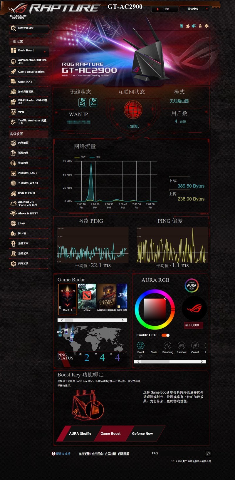 除了RGB灯效，华硕GT-AC2900已经做到全平台加速