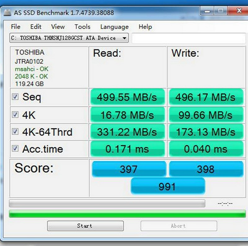 入手东芝Q-PRO 128G SSD，差一点就破千分了