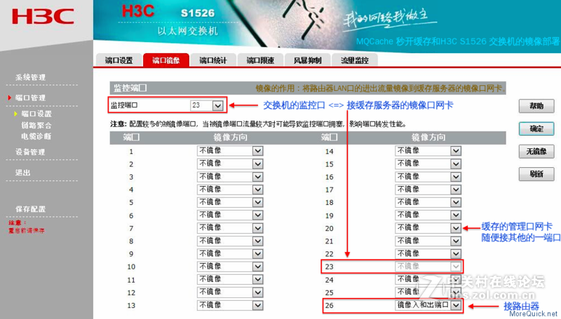 H3C S1526交换机+MQCache缓存服务器端口镜像配置
