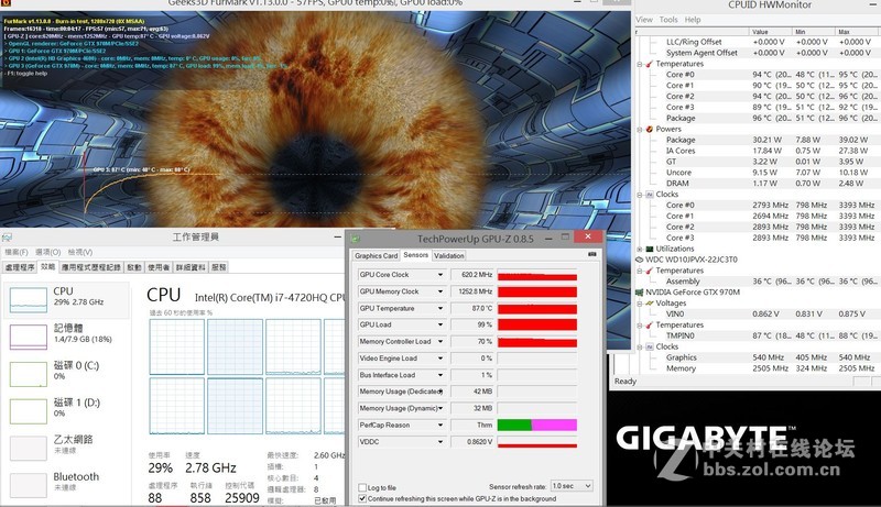 GIGABYTE P34W V3 烧机测试(降频与CPU温度细说明) Part3