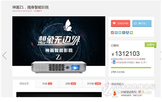 随身投影京东众筹神画Z1突破10倍预期近在咫尺