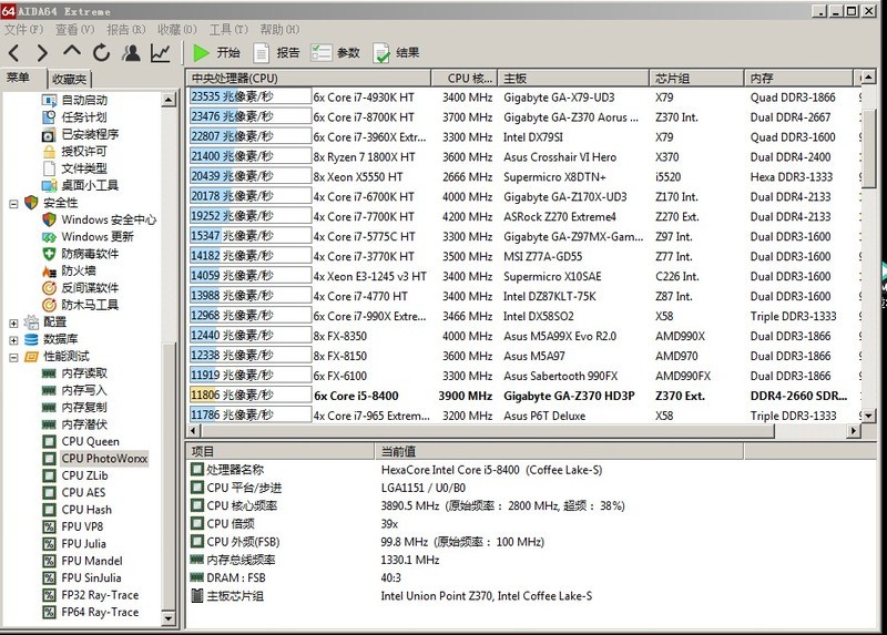 技嘉Z370-HD3P搭配六核I5 8400 aida64extreme 简单测试