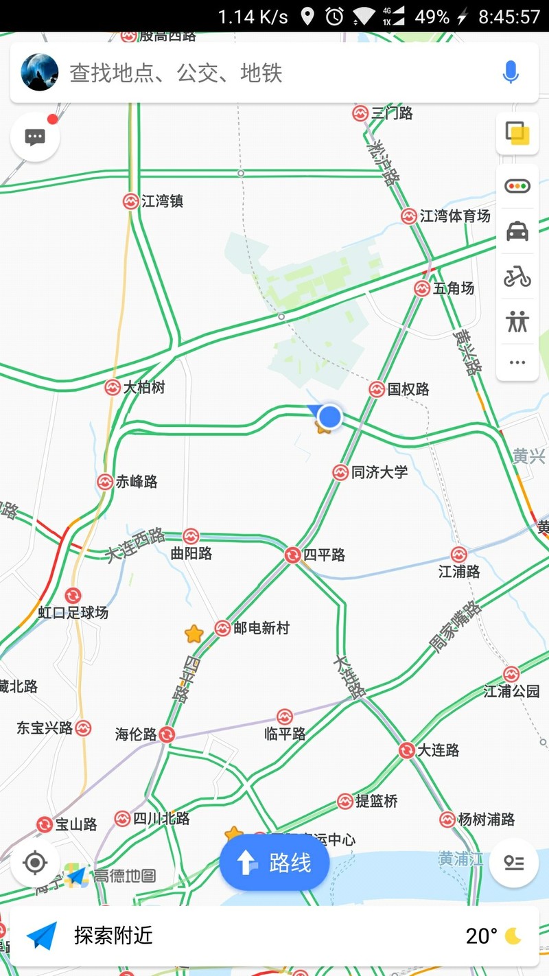 1加手机5导航真一般，我在邮电新村。导航显示工作的地方，同济。