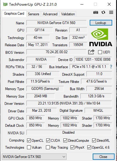 105块买了块二手花驰GTX560  2G  大将。。