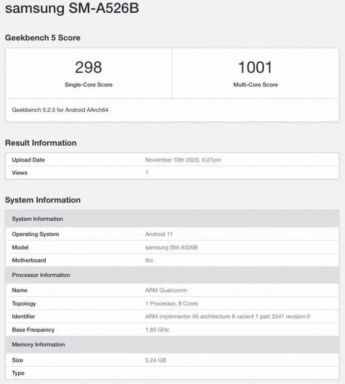 三星galaxy a52 5g 現身 geekbench:驍龍 750g 6gb 內存