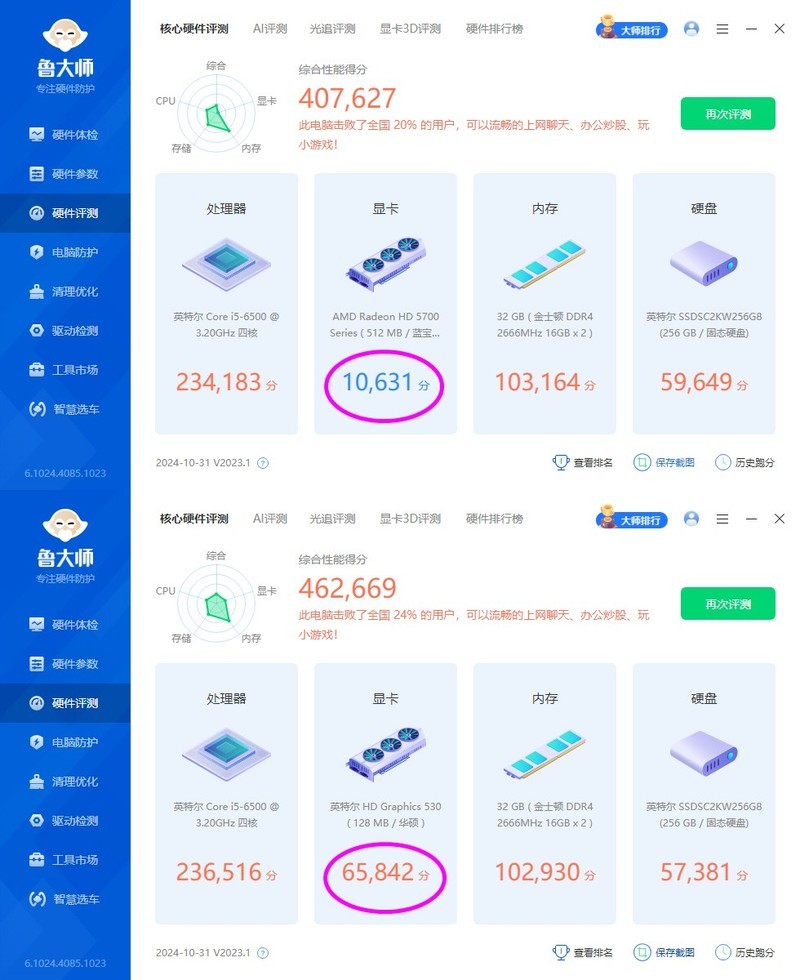 i5-6500核显对比amd hd5700显卡，这是降维打击呀，后者怎么那么差