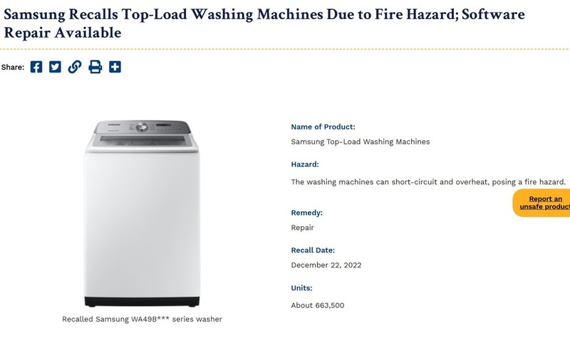 星空体育平台在美召回 66 万台洗衣机：运行时可能短路或过热，有发生火灾风险