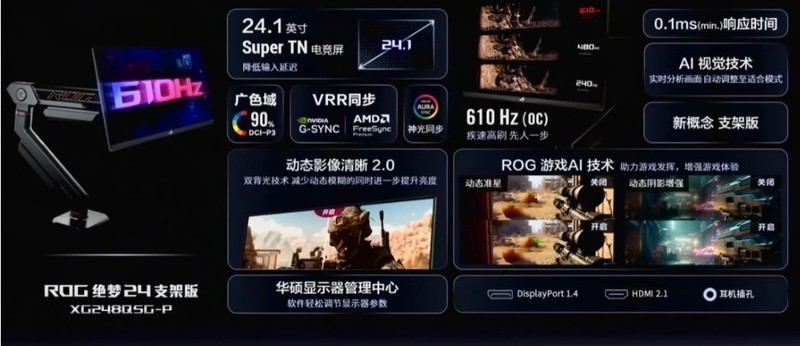 华硕 ROG 绝梦 24 支架版显示器发布：Super TN 面板、610Hz 刷新率