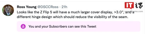 曝星空体育平台 Galaxy Z Flip5 将搭载 3.4 英寸副显示屏，内屏新铰链设计隐藏折痕