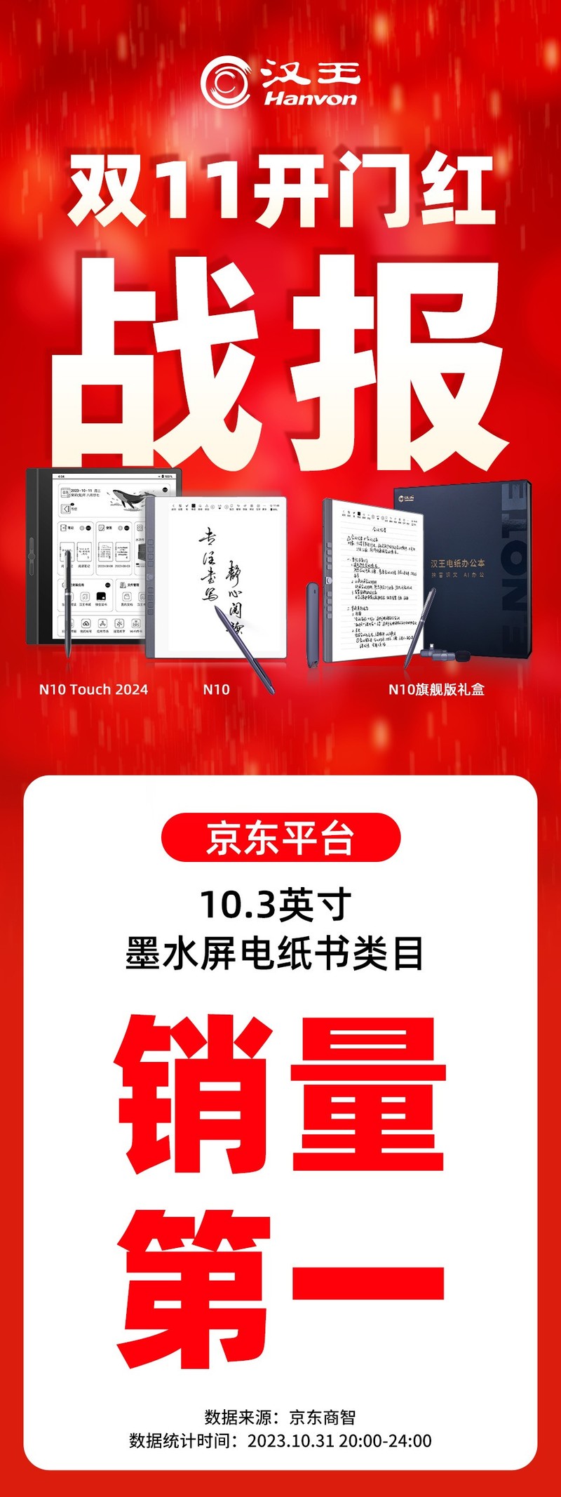 汉王科技双十一开门红 斩获京东10.3英寸墨水屏电纸书类目销量第一