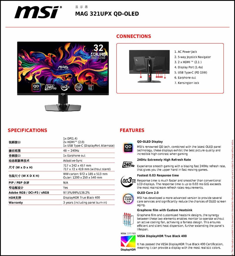 量子点技术加持 显示效果出彩 微星MAG 321UPX QD-OLED显示器评测