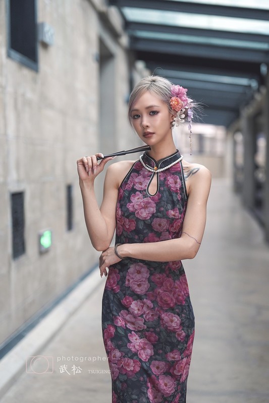 簪花执扇棠衫静影